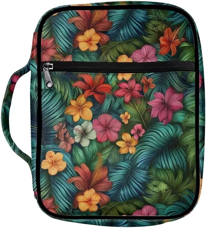 Coldinair Tropical Flower Leaf Bible Covers Bag for Women,Carrying Book Case Church Bag Bible Holder with Handle and Zippered Pocket