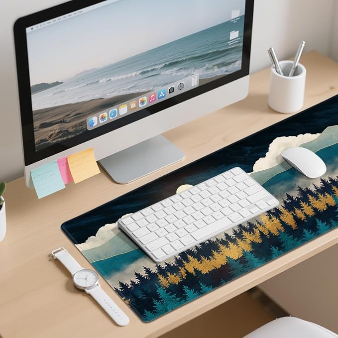 Golden Forest Desk Mat Gaming Mouse Pad Teal Mountain Moonlight Mist Mousepad Computer Keyboard Pad Mouse Mat Laptop Mat 31.5 x 11.8 Mouse Pads for Desk Home Office Gaming