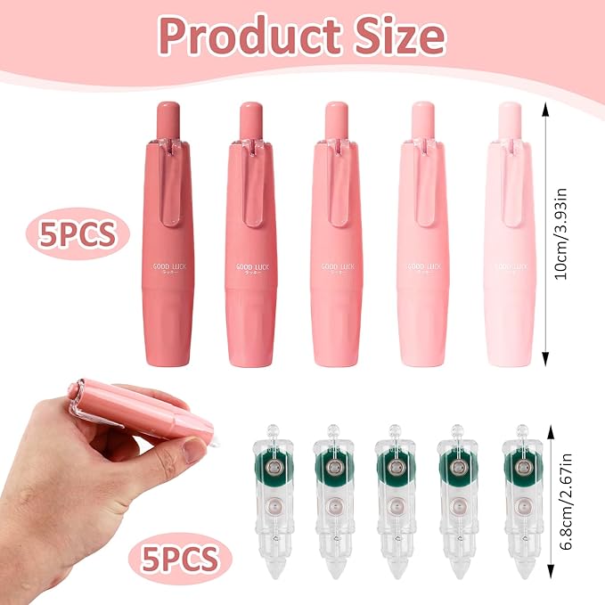 5 Pcs Retractable Pink Correction Tape,Refillable Press Type Correction Tape Pen,Pink Corrector Tapes With 5 Extra Refills Corrections Tapes Pen,for Men and Women Office Supplies Correctors Tapes