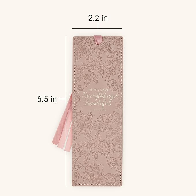 Christian Art Gifts Premium Vegan Leather Motivational Scripture Bookmark for Women: Everything Beautiful Encouraging Bible Verse, Smooth Satin Ribbon, Debossed Floral Reading Accessory, Pastel Pink