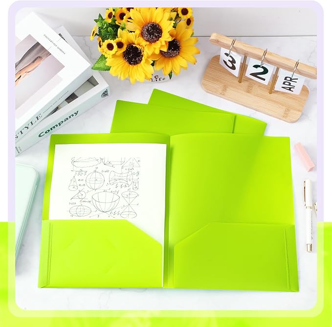 Gueevin 100 Pack Plastic Folder with Pockets, 2 Pocket Folders, Plastic Glossy Folders Fit Letter Size Paper, Heavy Duty Durable File Folder with Business Card for Home Office School (Lime Green)