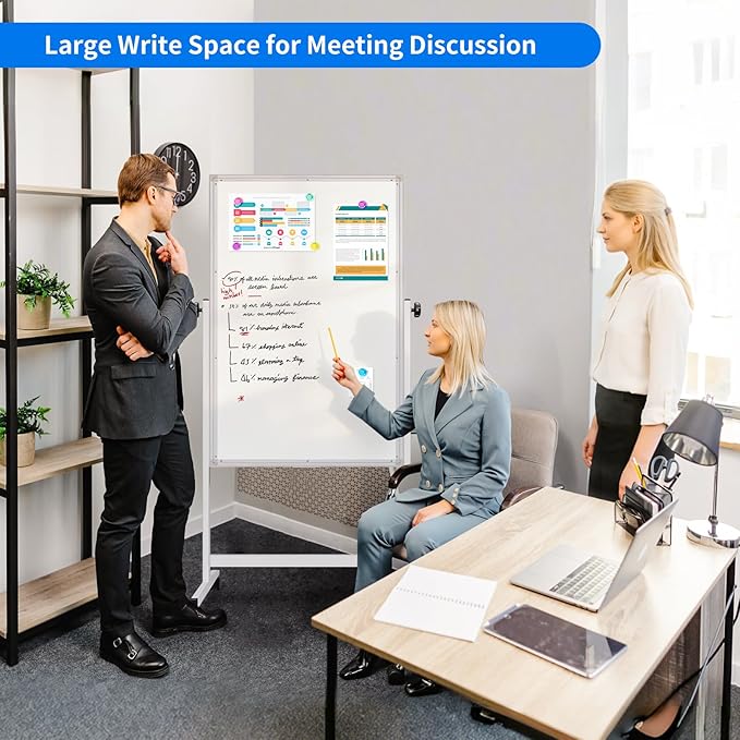 Mobile Whiteboard and Cork Board Combo, 48 x 32 Double-Sided Magnetic Dry Erase Board on Wheels, Height Adjustable Rolling Easel Board for Classroom, Office, Home