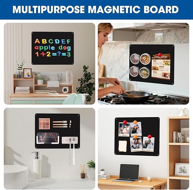 5 Pack Black Magnetic Board,17" x 11.8" Metal Magnet Bulletin Board to Display Magnetic Notes, Numbers, Poetry, Photos, Spice Jars, Suitable for Wall, Refrigerator, Include Magnetic Buckle & Screws