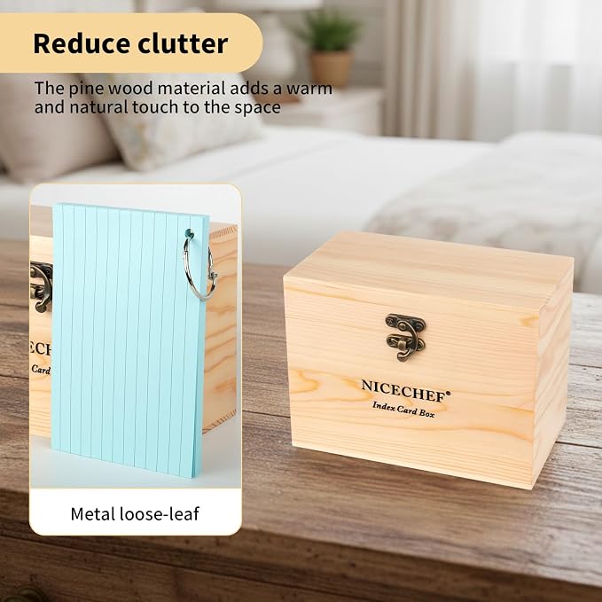 Index Card Holder 4x6, Wooden Recipe Box with 300 PCS Flash Cards Card Organizer,12 White Dividers, 6 Metal Rings, 2 Sticker, for Office, Business, Flashcard Notecard Holders for Home Office
