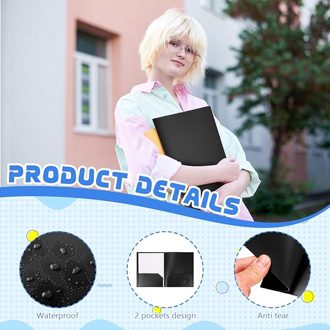 24 Pcs Black Heavy Duty Plastic Folders 2 Pocket File Folder Fit Letter Size for Home Office School Communication Presentation Report Sheet Protectors (Black)