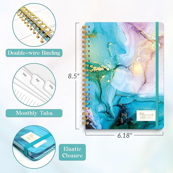 Lonely Oak Academic Planner 2026-2027, Daily Weekly and Monthly Agenda Planner 6.18" x 8.5" with Tabs, 15 Months Spiral School Year A5 Calendar from Apr.2026 to Jun.2027 for Student and Teacher (Cyan Marble)