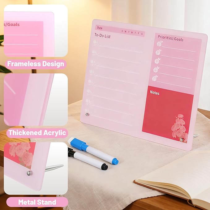 LeMotech Desktop Acrylic Dry Erase Board, 12x10 inches to-Do List Planner, Tabletop Whiteboard with Stand Office Supplies Includes 2 Markers & 1 Eraser,Pink Rose Pattern, 2 Pack