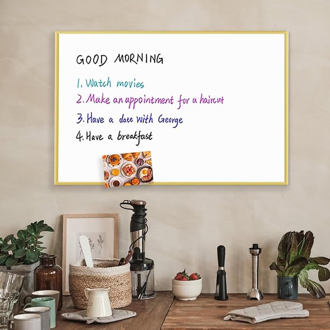 Dry Erase White Board, Magnetic Whiteboard for Wall Office/School/Home, Hanging Board for Decoration/Planning/Kitchen Grocery List/Drawing/Memo, 24"x 36" Gold Aluminum Frame (BB-Gold-6090)