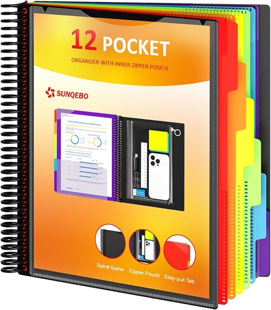12 Pocket Project Organizer, 6 Colors Multi Pocket Folder Binder with Dividers, Spiral Pocket Notebook with Zipper Pouch, Office Organizer File Folders, Letter Size, School Supplies, Black