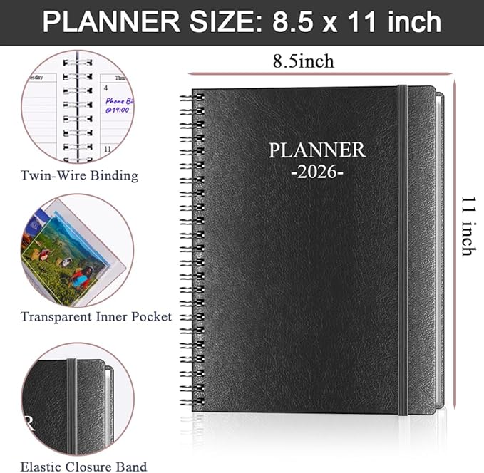 Planner 2026 - Weekly & Monthly Planner Runs from January 2026 to December 2026, 8.5 x 11", 12 Month Tabs, Inner Pocket, PU Leather Cover with Twin-Wire Binding, Monthly Planners 2026, Black