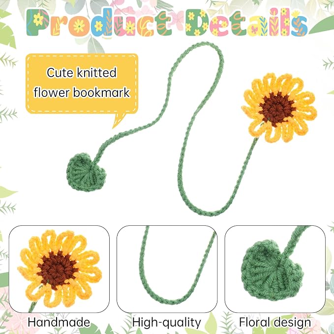 6 Pcs Crochet Flower Bookmarks, Handmade Knitted Daisy Sunflower Book Marks Cute Unique Bookmarks for Women Girls Book Lovers Teachers (6 Color)