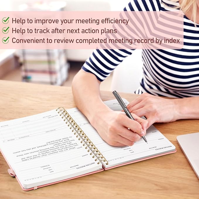 WEMATE 5 Pack Meeting Notebooks for Work（7"x10"） 200 Pages, PU Leather Notebook with Action Items & Note, For Staff & Students, Meeting, Projects Planning- Light Purple, Blue, Rose Gold, Green, Black