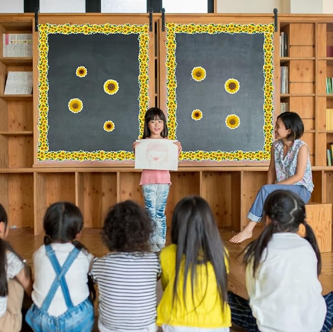66ft Sunflower Bulletin Board Borders Springtime Sunflower Summer Fall Theme Flowers Rolled Floral Border Trim for School Classroom Blackboard Office Chalkboard Spring Floral Groovy Party Wall Decor