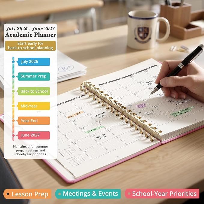 JoyCat Academic Planner 2026-2027, July 2026 - June 2027, A5 Weekly & Monthly Planner, Hardcover Agenda with Tabs, 5 Sticker Sheets, Elastic Closure & Pocket for Teachers & Students, 6.3" x 8.5", Pink