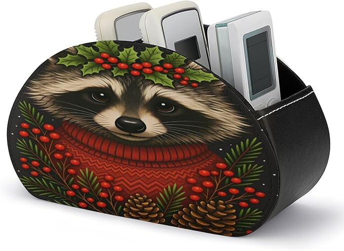 Christmas Raccoon Remote Control Holder with 5 Compartment PU Leather Multi Functional Desk Storage for TV Remotes Office Supplies