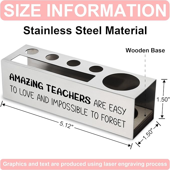 Stainless Steel Pencil Holder with "Amazing Teachers" Quote, Thank You Gift from Student for Women Men, Inspirational Desk Organizer for Classroom Office Supplies, Teacher Appreciation - FBA391