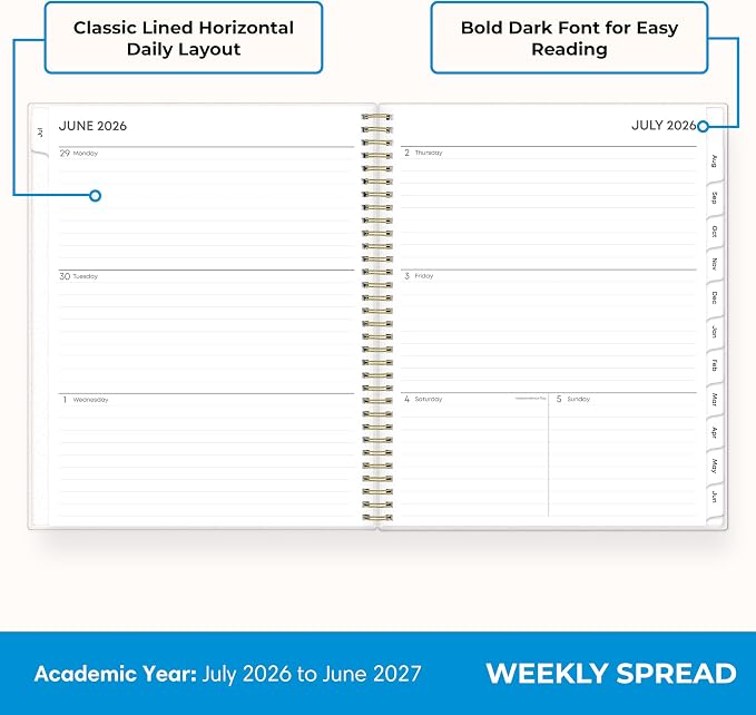 Blue Sky 2026-2027 Weekly and Monthly Academic Year Planner Calendar, July 2026 - June 2027, 8.5" x 11", Flexible Cover, Wirebound, Laminated Tabs, Storage Pocket, Gemma