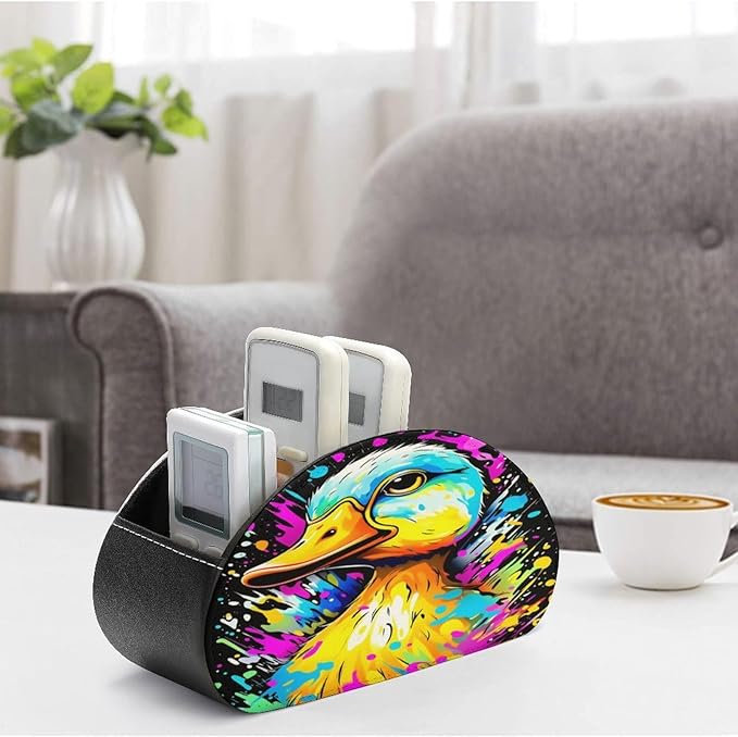 Graffiti Duck Remote Control Holder with 5 Compartment PU Leather Multi Functional Desk Storage for TV Remotes Office Supplies