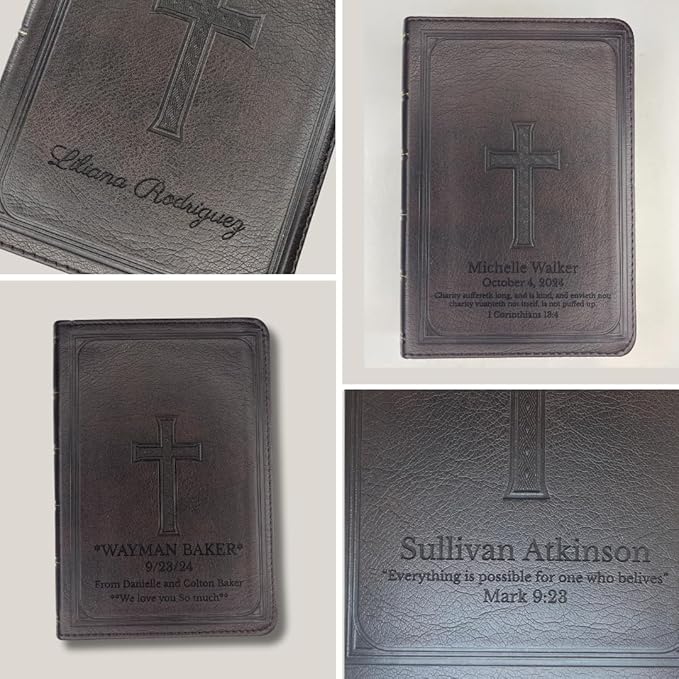Personalized Compact Large Print KJV Holy Bible with Custom Name Includes Up to 3 Rows of Text with Red-Highlighted Verses, Custom Gift for Christian & Religious Celebrations | Dark Brown