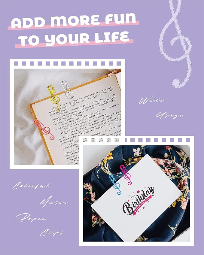 100 Pcs Music Paper Clips, Metal Musical Notes Shaped Bookmark Clips for Desk Bookmark Office School Notebook (10 Colors)