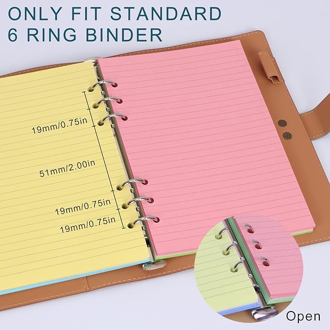 A6 Colorful Refill Paper, [5 Colors] Toplive 100GSM Thick Refillable Paper 6 Hole Filler Inserts Loose Leaf Paper 100 Sheets (200 Pages) for 6 Ring Binder Journal Notebook
