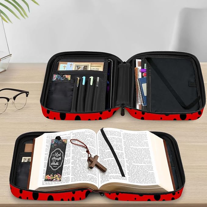 Ladybug Black and Red Polka Dot Bible Cover Case Carrying Book Protector Case Bible Study Supplies Accessories Holder Case Christian Gift for Women Men