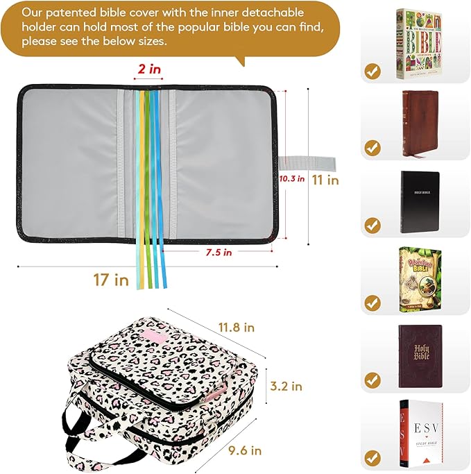 DERSTUEWE Bible Cover Case for Women – Stylish & Durable Zippered Bible Bag with Handle & Pocket, Fits Standard & Large Bibles, Perfect for Church, Travel, Study & Gifts, Leopard Print