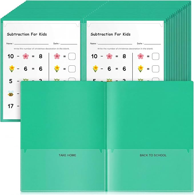 Henoyso 48 Pcs Take Home Folder Heavy Duty 2 Clear Front Pockets and 2 Inside Pockets Homework Folders for School Students Parent Teacher Classroom Communication (Green)