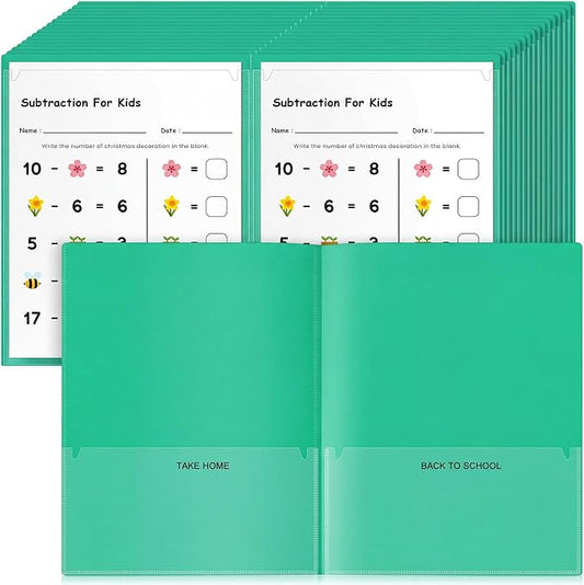 Henoyso 48 Pcs Take Home Folder Heavy Duty 2 Clear Front Pockets and 2 Inside Pockets Homework Folders for School Students Parent Teacher Classroom Communication (Green)