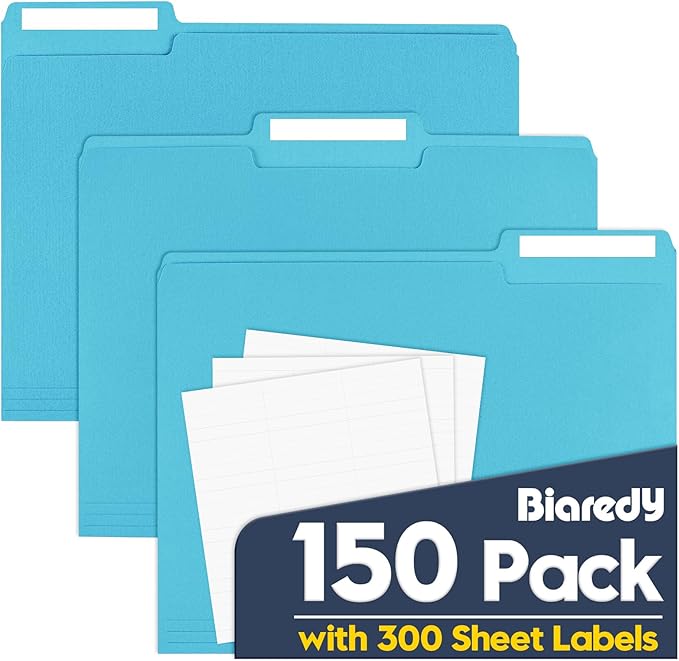File Folders,Colored File Folders Letter Size 8.5" x 11",150 Pack 1/3 Cut Tab Bulk Durable Paper Folders with Blank Labels,File Folder for Office Business School Home Use,Lake Blue