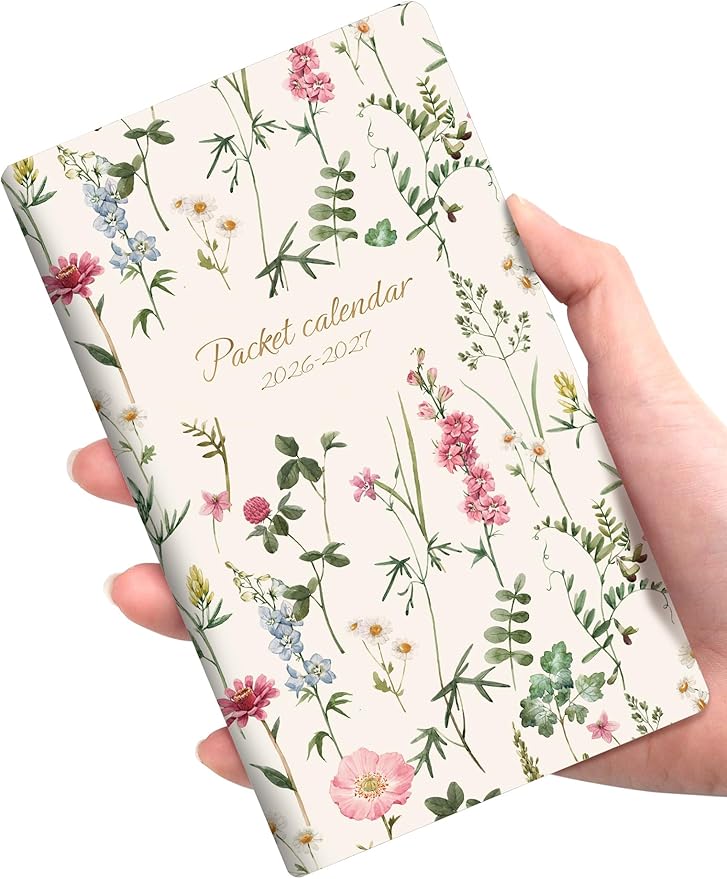SUNEE Pocket Calendar 2026-2027 - Two Year Monthly Planner Small Calendar 3.5" x 6" Organizer for Daily & Yearly Schedule - Compact Agenda Notebook for School, Work, Women, Wildflowers