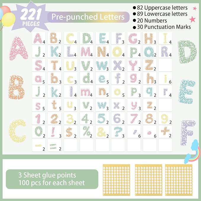 221 Pcs Composition Notebook Bulletin Board Letters, Round Alphabet Number Punctuation Symbol Combo Letter Cutouts, Pastel Classroom Decor for Summer School Chalkboard Whiteboard Poster Wall