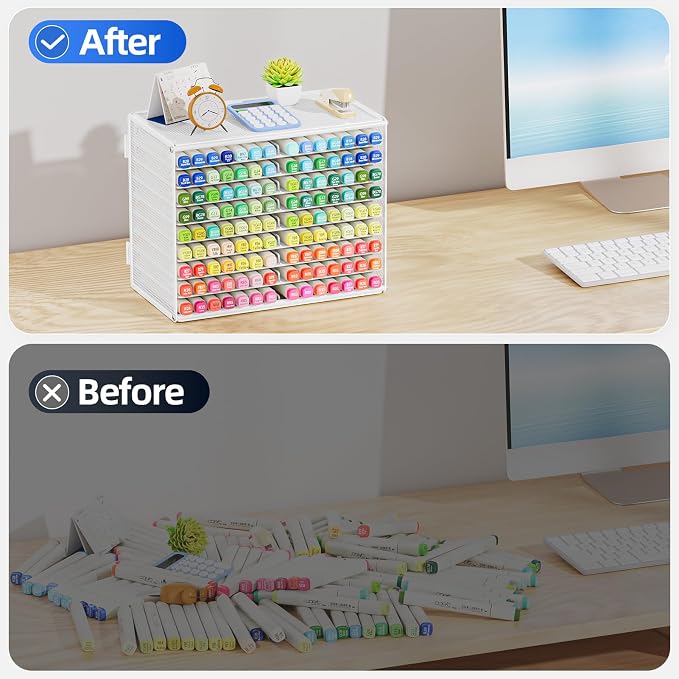 Marbrasse Mesh Marker Organizer, Metal Desktop Storage Rack for 126 Markers, Pens, Pencils, 9 Tier Marker Holder for Office Classroom & Home Art Supplies(White)