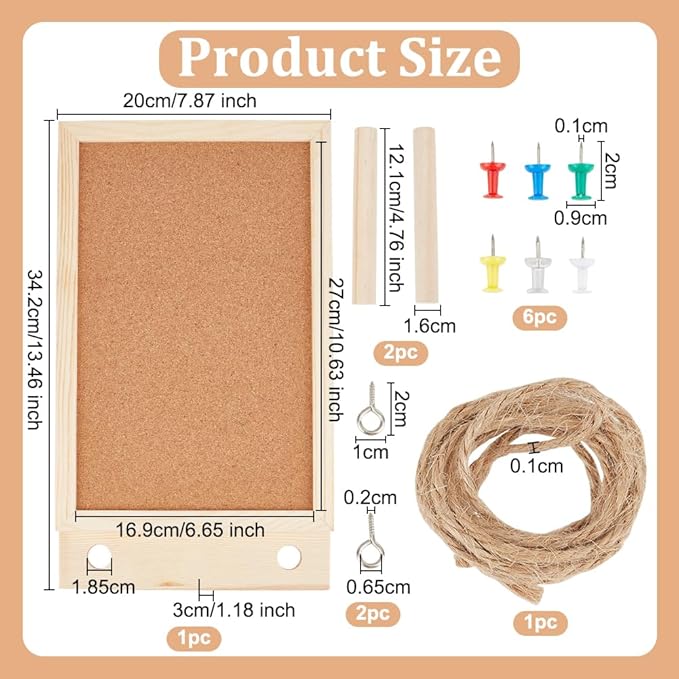 OLYCRAFT Desktop Cork Board with Hemp Rope 2Pcs Wood Sticks 2Pcs Screw Pins and 6Pcs Thumbtacks Cork Bulletin Board Message Picture Board for Home Office Decor DIY Crafts-13.5x7.9x1.2 Inch