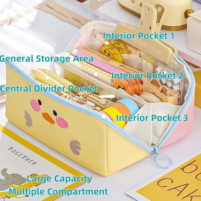 Cute Kawaii Pencil Case Pouch with Handle Cartoon Animal Large Capacity Pen Box Holder Organizer for Office Workspace Supplies Desk Accessories Travel Essentials Trendy Gift (Yellow Duck)
