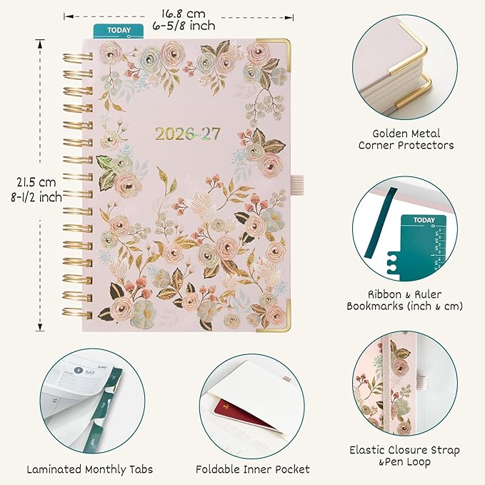 BEZEND Weekly Planner 2026-2027 (6" x 8.5") with Hourly Timeslot (Jul 26-Dec 27) 18 Months Academic Calendar - Deluxe Design - Thick 100GSM Paper, Laminated Monthly Tabs, Corner Protectors, Pink