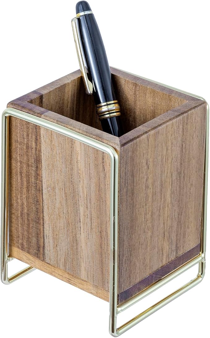 MyGift 3 Inch Modern Premium Solid Acacia Wood and Brass Tone Metal Wire Desktop Pencil Cup, Wooden Tabletop Pen Holder, Office Desk Stationery
