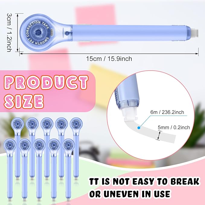 Gersoniel 10 Pack Correction Tape Pen Correctional Ink Tape Push Pull Protective, Easy to Use Applicator for School Office Supplies, 0.2 x 236 Inch (Blue Color)
