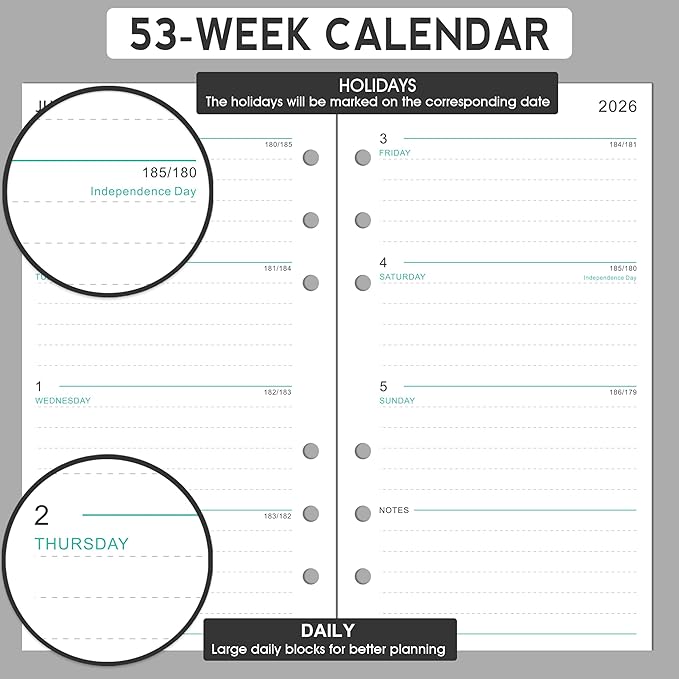 2026-2027 Planner Refills - Planner Refills 2026-2027 from JULY 2026 - JUNE 2027, Weekly and Monthly Calendar 26-27, 3.75 x 6.75 inch, 6 Holes, A6 Size - Red