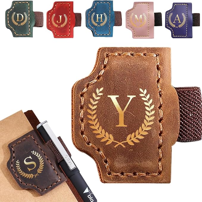 Personalized Mark Bookmark with Pen Holder, Leather Magnetic Book Marker 26 Letters,Custom Initials Page Marks, Gifts for Book Lovers Readers Men Women (Brown, Y)