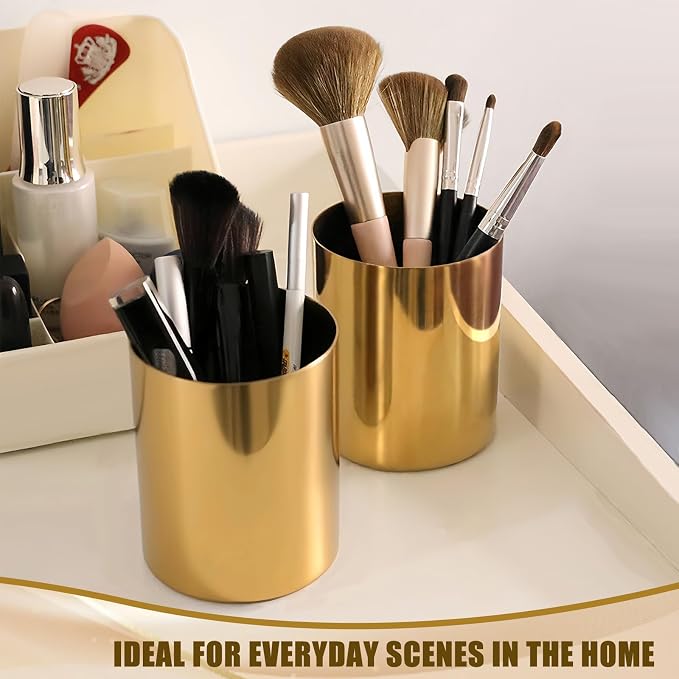 Gold Pen Holder for Desk, 3.9 Inch Stainless Steel Gold Pencil Holder & Pencil Cup, Pen Cup and Makeup Brush Organizer for Office Desk, Vanity, Home Decor