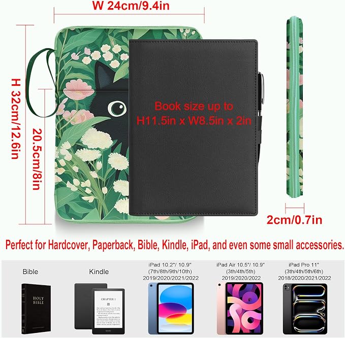 Book Sleeve Book Pouch, Cute Cat Floral Print Book Protector Case with Zipper, PU Leather Waterproof Book Cover Bag, Portable Book Pouch for Book Lovers Gifts Paperbacks Hardcover
