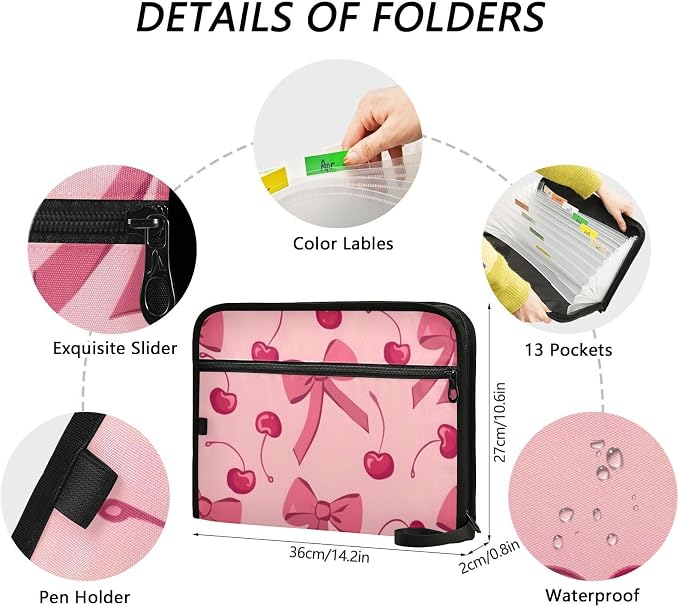 Expanding File Folder Pink Bow Cherry Accordion File Organizer 13 Pockets Document Organizer with Zipper Labels A4 Letter Office Storage