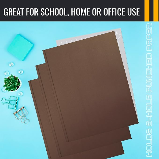 Better Office Products Brown Paper 2 Pocket Folders with Prongs, Matte Texture, Letter Size Paper Folders, 50 Pack, with 3 Metal Prong Fastener Clips, Brown