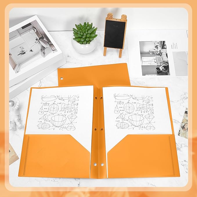 Yeaqee 50 Pcs Plastic Folders with Pockets Bulk 3 Hole Punched 2 Pocket File Folders for 3 Ring Binder Divider Folder for Notebooks, Durable Poly for Office Home (Orange)
