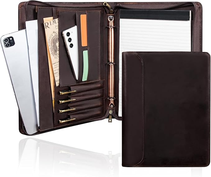 AZXCG Genuine Leather Portfolio Binder for Men& Women,Padfolio Organizer with Zipper,Padfolio Folder for iPad Pro 12.9/ Letter Size Notepad,Business Executive Gift for Men,Gift for Valentine's Day