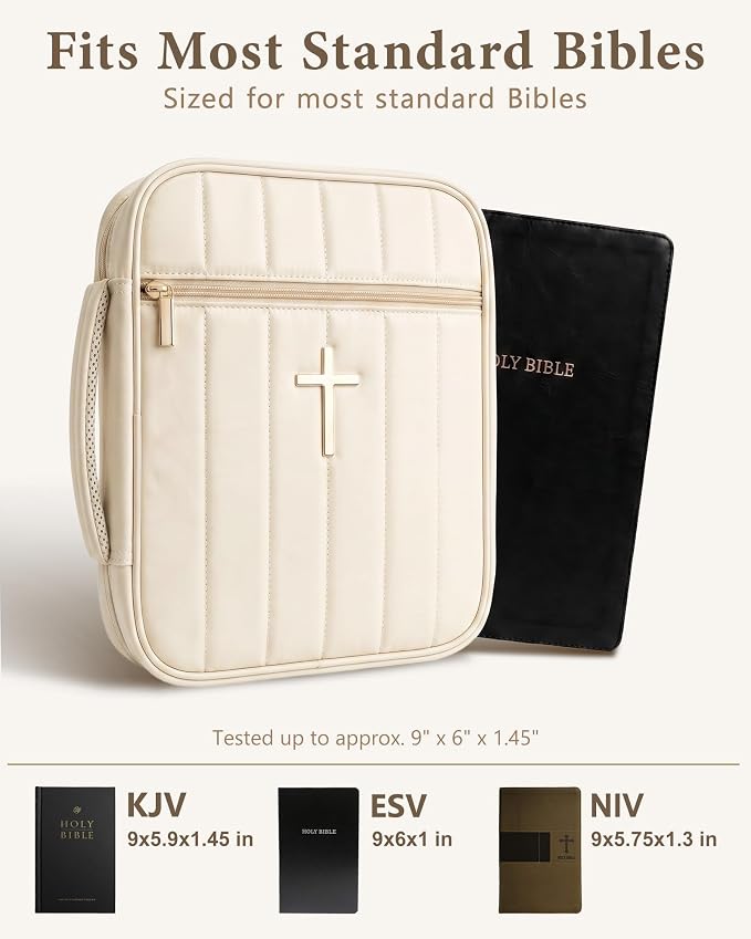 Wuflyover Bible Bag for Women, Quilted Bible Cover Case with Handle, Bible Carrying Case for Church and Bible Study, (Beige)