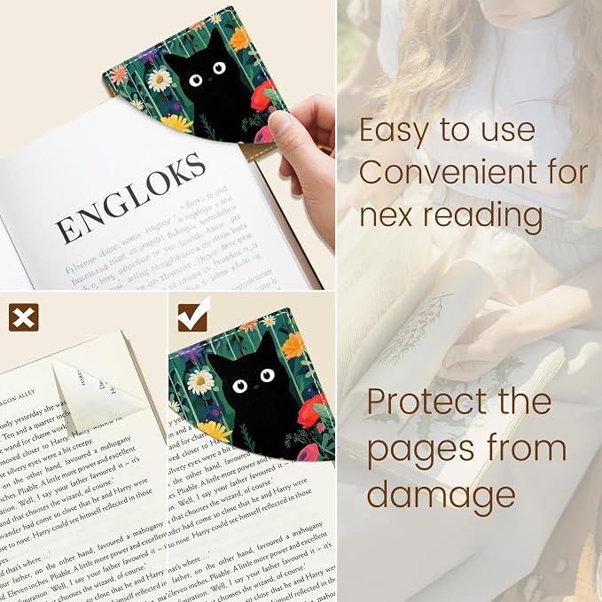 Icycay Cute Black Cat Floral Corner Bookmarks, Funny Leather Book Accessories for Book Lovers, 3 Pcs Reading Book Page Markers for Women Men Student Teacher Girls Boys Retirement Birthday Gifts