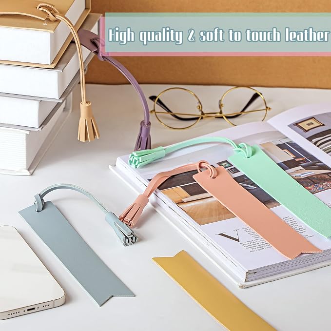 Panelee 12 Pcs Pastel Leather Bookmarks with Tassel Book Club Gifts Handmade Blanks Leather Bookmarks Stamping Book Lovers Gifts Bookish Bookworm Teachers Readers Back to School Supplies