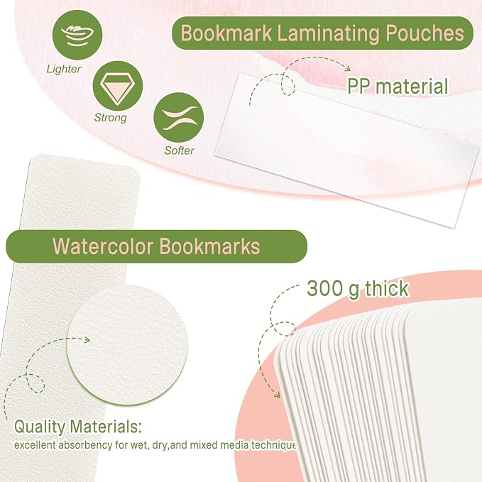 50 Pcs Watercolor Bookmarks & 50 Pcs Bookmark Laminating Pouches 1.9 x 5.9 inch Blank Bookmarks to Decorate,Watercolor Cards for Paint, Photos, Gift